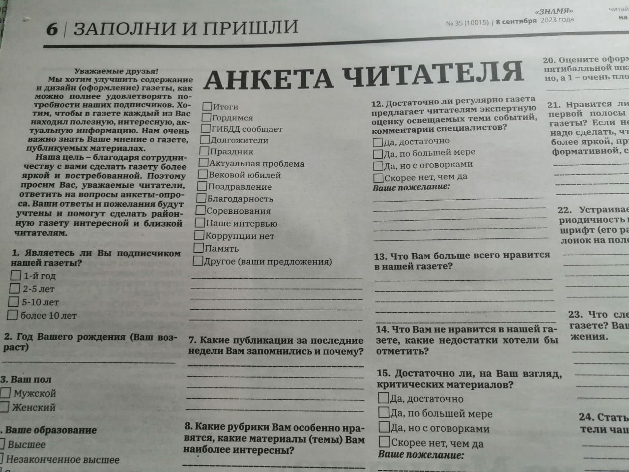 Читаете ли Вы газету «Знамя»? Журналисты просят Вас заполнить и отправить ”Анкету читателя»